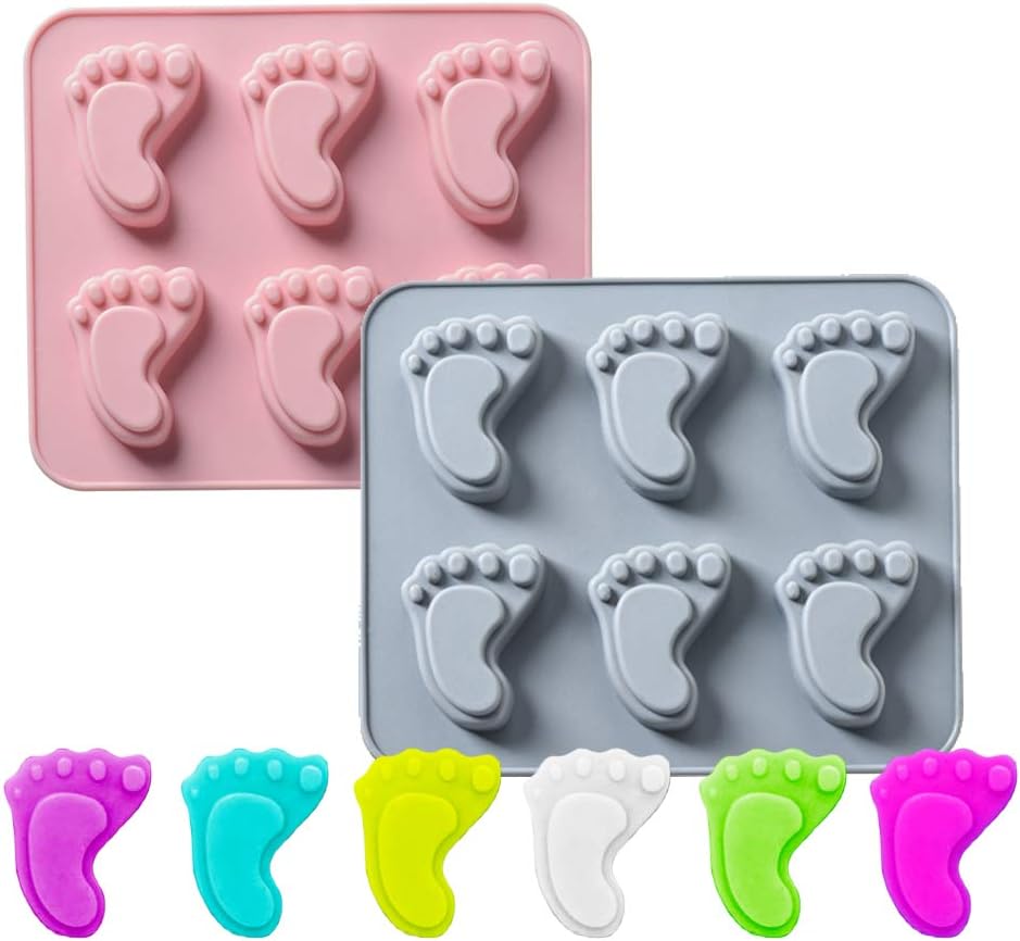 Paquete de 2 moldes de silicona con forma de pie de bebé, 6 cavidades 3D de huellas, moldes de silicona para fondant para pasteles para fiesta de