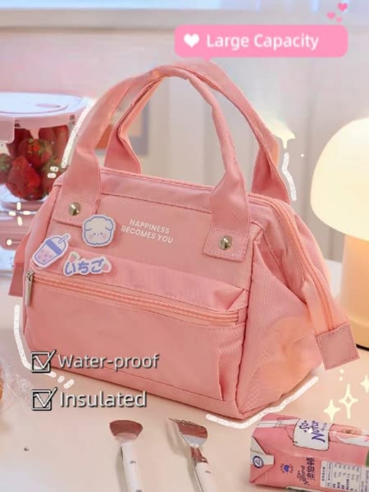 Lonchera kawaii grande para pícnic, bolsa aislada para calientes o fríos, reutilizable, bonita lonchera estética para mujeres (S, azul)