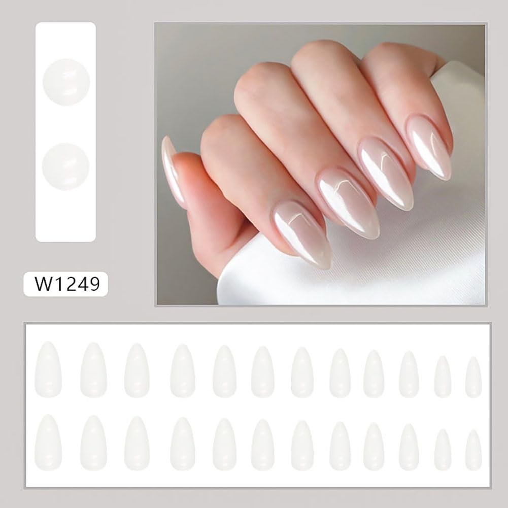 24 uñas postizas medianas a presión de almendra, uñas postizas cromadas blancas perla brillante, uñas postizas de cobertura completa, uñas acrílicas
