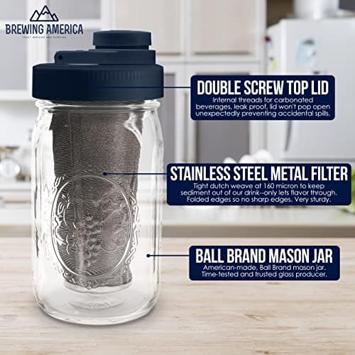 Brewing America Cafetera Mason Jar Cold Brew – Tarro Mason de boca ancha con tapa de rosca para vertido, filtro de acero inoxidable para un