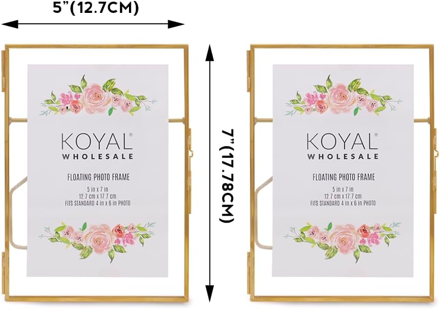 Koyal Wholesale Marcos de fotos flotantes de vidrio prensado de 5 x 7 pulgadas, color dorado, paquete de 8 con soportes para uso horizontal o