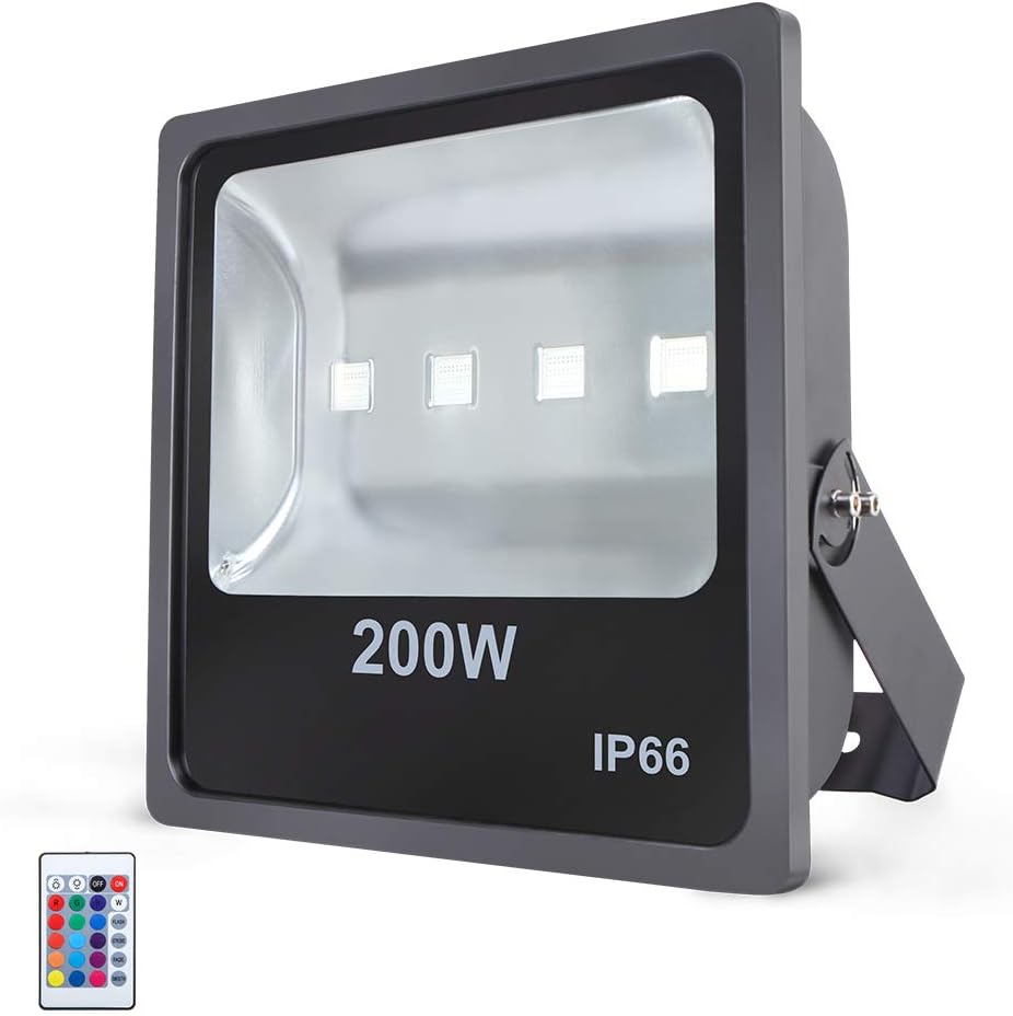 Luces de inundación LED RGB de 200 W, luz de seguridad LED que cambia de color al aire libre con control remoto IR, luces de arandela de pared