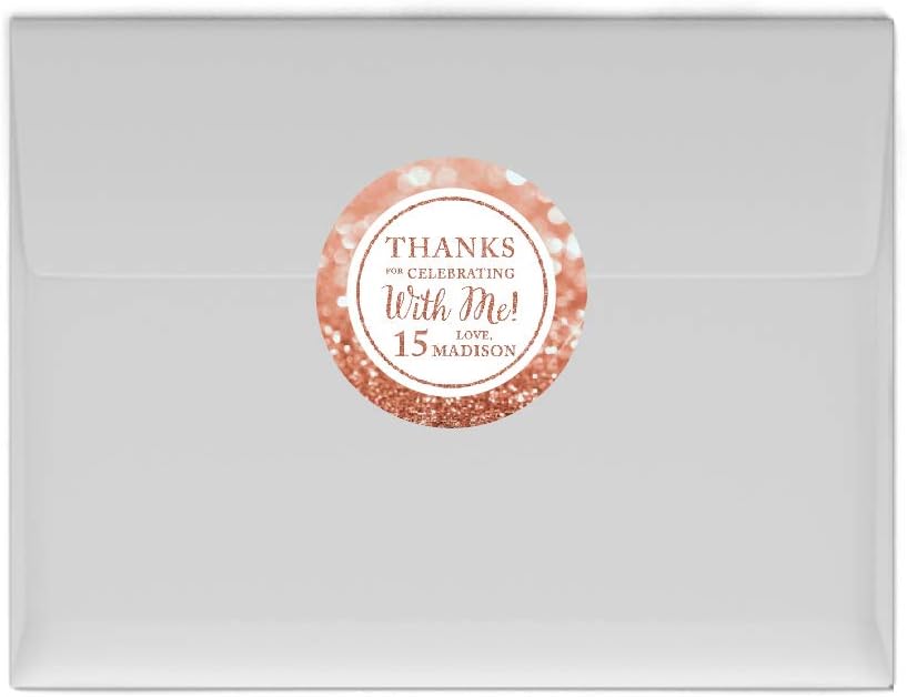 Andaz Press Etiquetas adhesivas redondas con purpurina de oro rosa sintético, con texto en inglés “Thank for Celebrating with Me 15”, “Mis