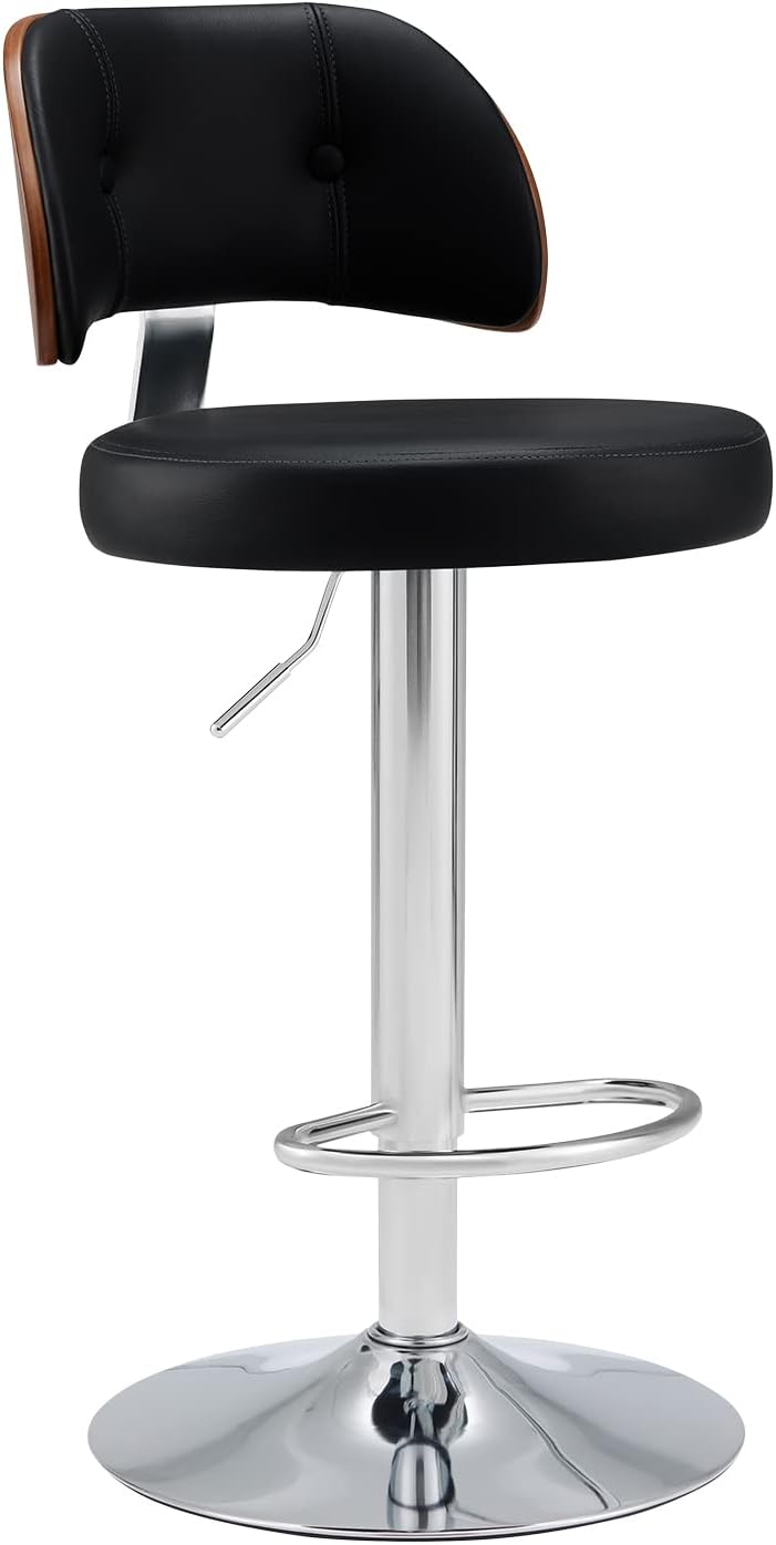 RêveLife Taburete de bar giratorio tapizado de piel sintética, taburete ajustable de altura de mostrador, silla de bar moderna de madera curvada con