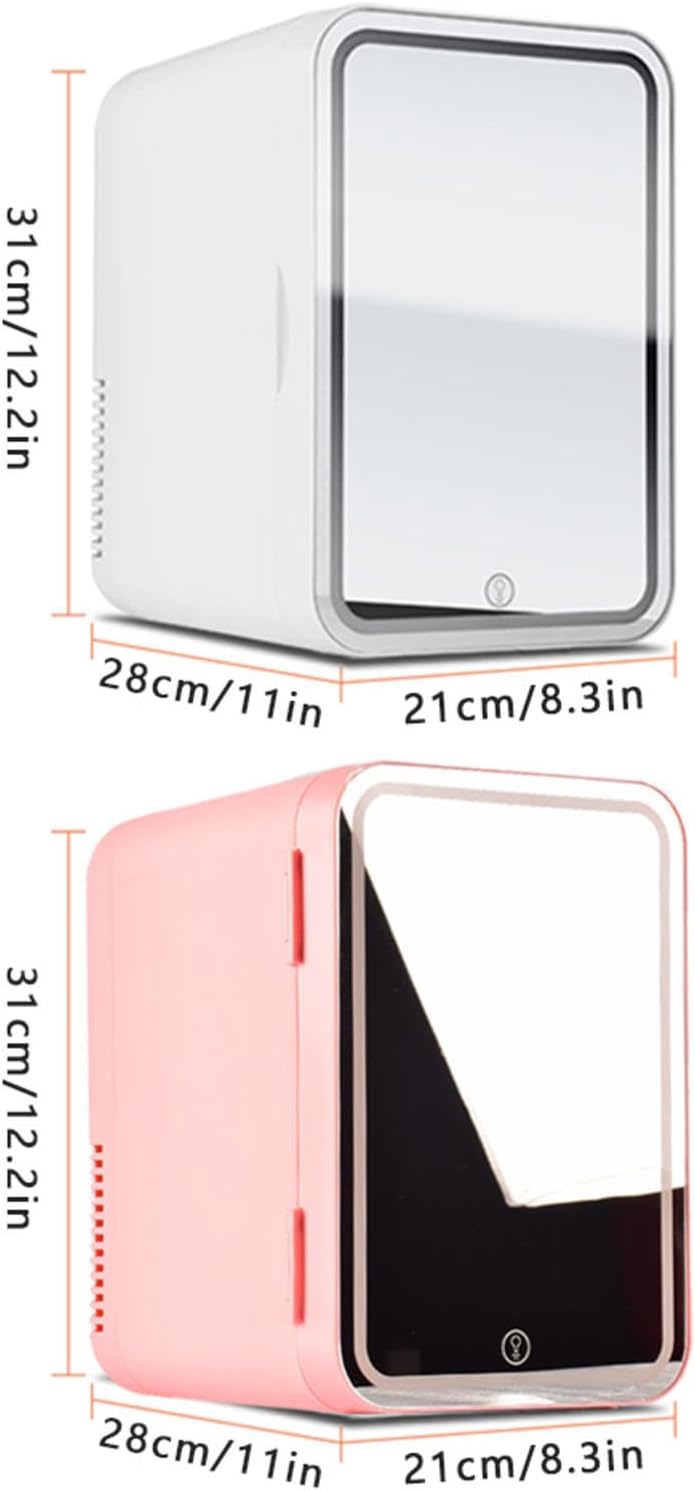 ROLTIN Mini refrigerador para dormitorio, con espejo LED, mini enfriador de capacidad de 8 litros, frío y caliente, refrigerador de coche de doble