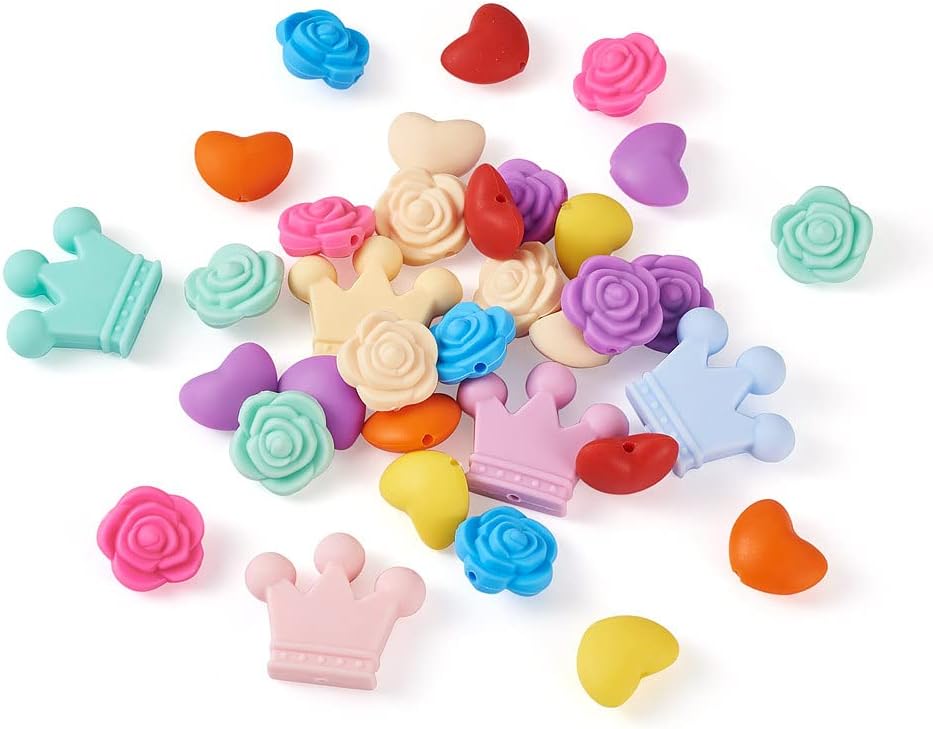 30 cuentas de silicona de corazón, corona, cuentas de goma, flores de silicona, cuentas sueltas de silicona a granel para mujeres, pulseras,