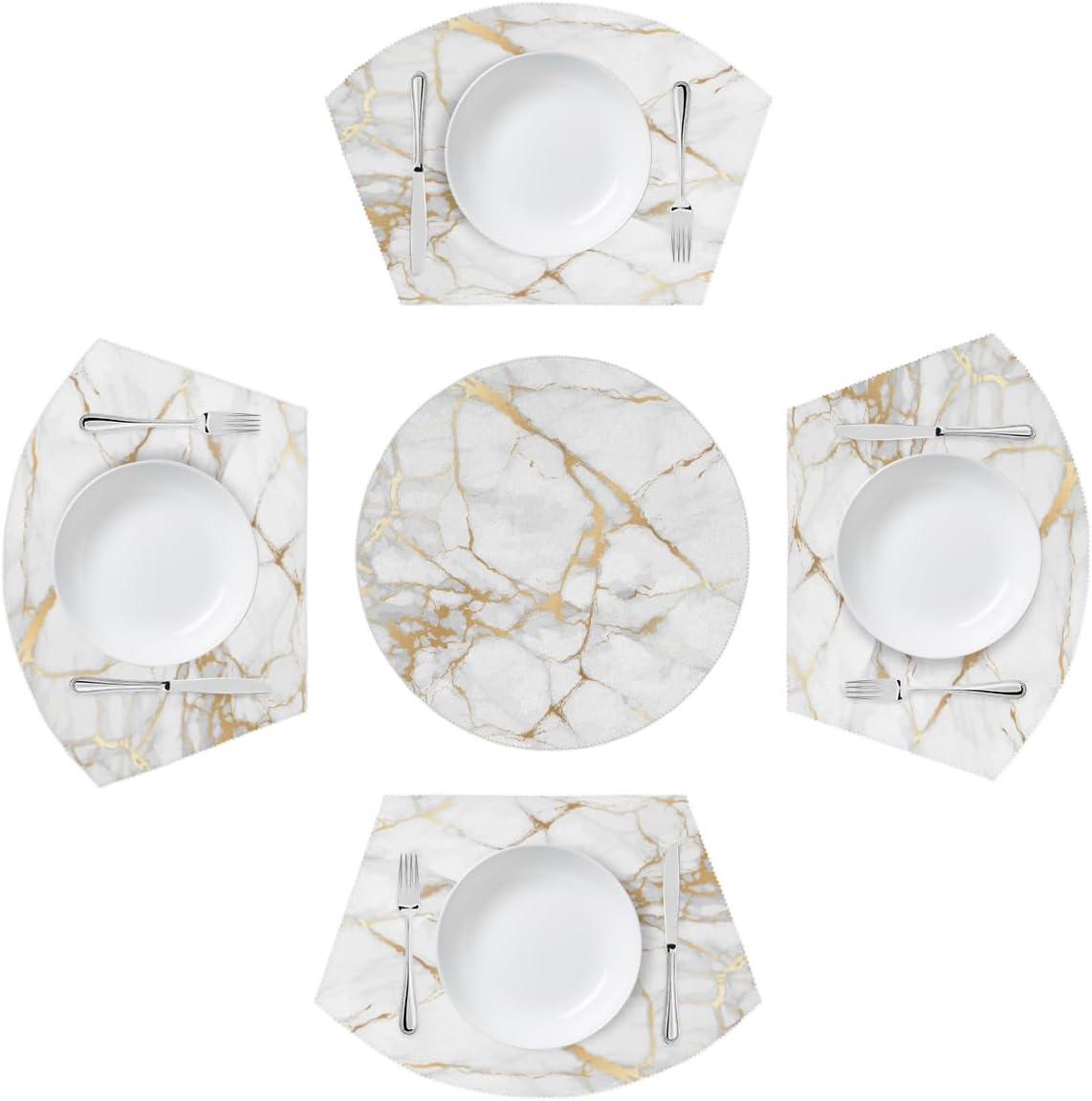 DXTKWL White Goden – Juego de 4 manteles individuales con estampado de mármol para mesa redonda, manteles individuales con centro de mesa, lavables,