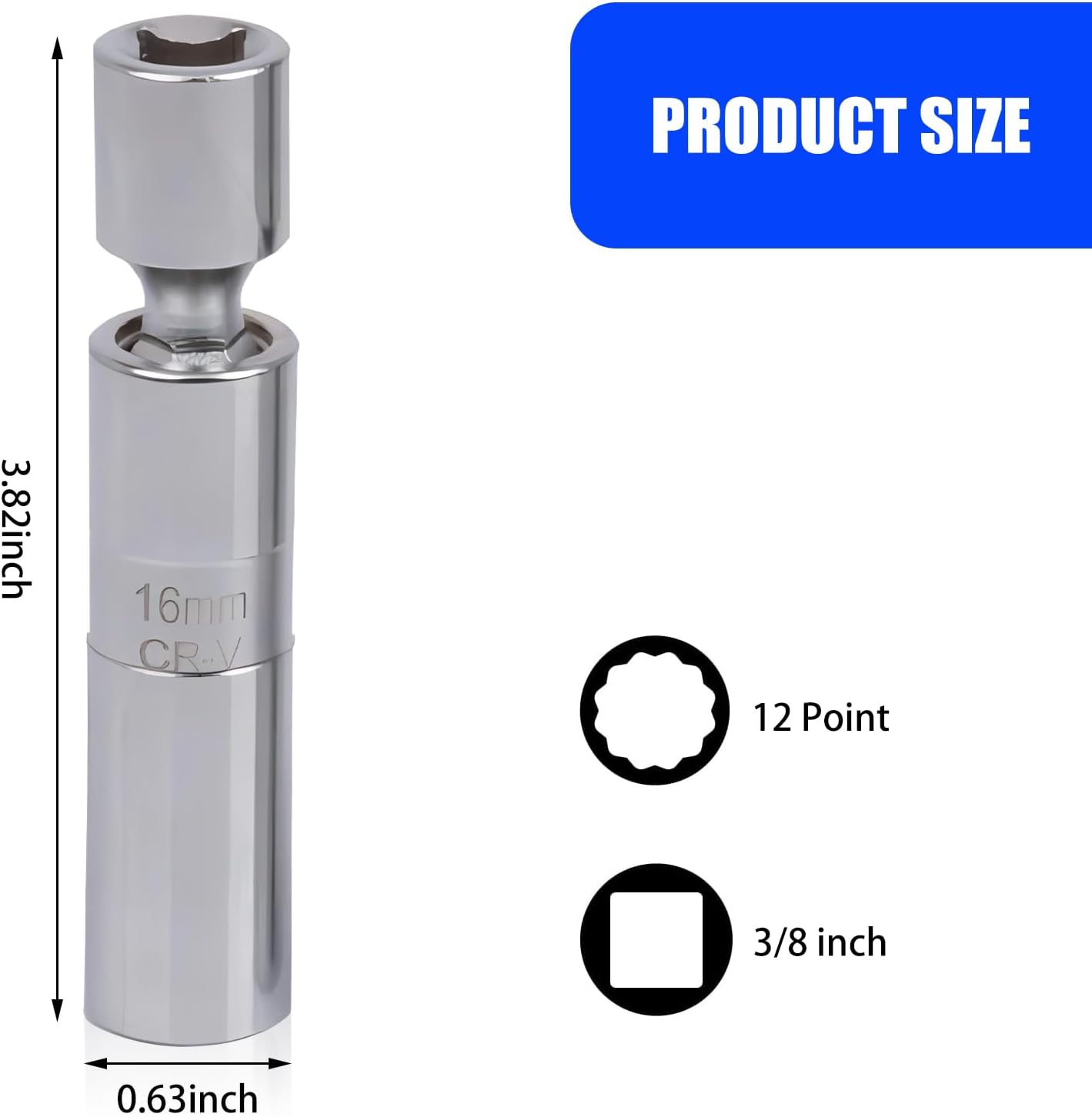 1 llave ultrafina de 0.63 pulgadas para bujías de automóvil, llave de 0.63 pulgadas, herramienta de desmontaje de bujías de 12 puntos, junta