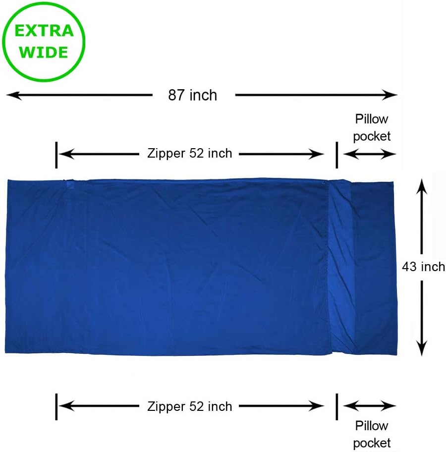 Browint Sábana de viaje de sedaalgodón con cremalleras dobles, saco de dormir extra ancho de 87 x 43 pulgadas para hoteles, forro ligero para saco