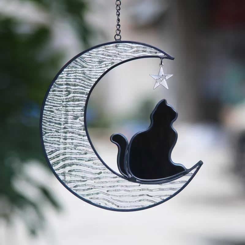 TWOQZ Gato de vidrieras en luna blanca, regalos de gato para amantes de los gatos, atrapasoles de gato negro hecho a mano para colgar ventanas de