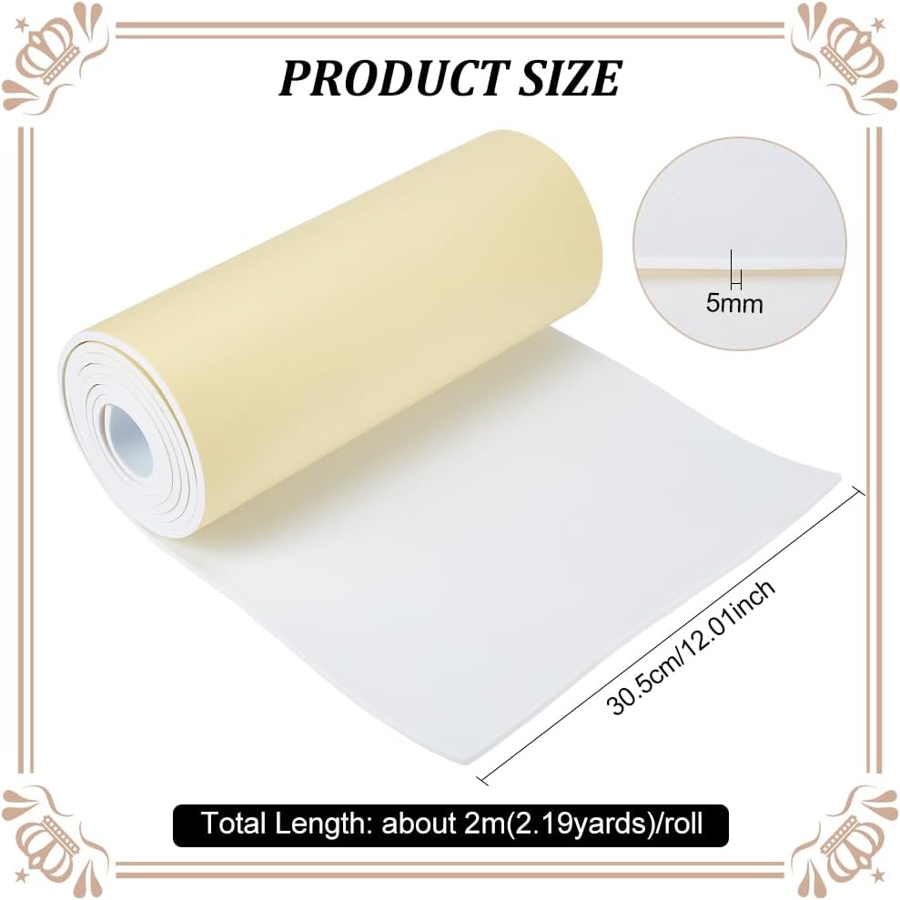 BENECREAT Rollo de espuma EVA autoadhesivo blanco de 78.7 x 12 pulgadas, hojas de espuma de tapicería de 0.197 in de grosor para manualidades de