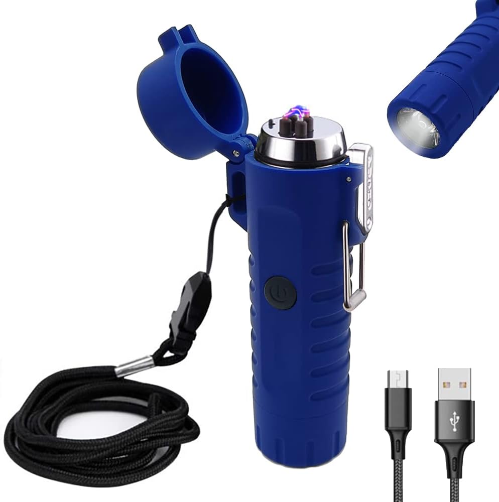 Encendedor eléctrico para campamento, encendedor de doble arco resistente al viento con linterna LED, encendedor recargable por USB para senderismo