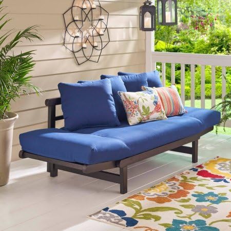 Sofá convertible al aire libre sofá cama futón asiento profundo ajustable madera muebles de patio con cojines azules