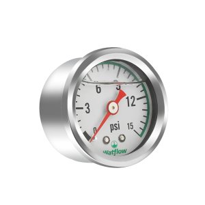 Watflow Resistencia a caídas de 0 a 15 psi, tamaño del dial de 1.5 pulgadas, conexión central trasera NPT de 18 pulgadas, material de acero Watflow Resistencia a caídas de 0 a 15 psi, tamaño del dial de 1.5 pulgadas, conexión central trasera NPT de 18 pulgadas, material de acero