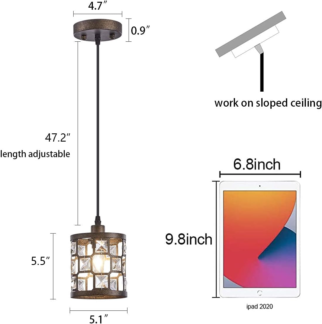 Mini lámpara colgante de bronce, 1 luz con pantalla de metal y cristal, pequeña lámpara colgante para cocina, comedor, dormitorio y entrada