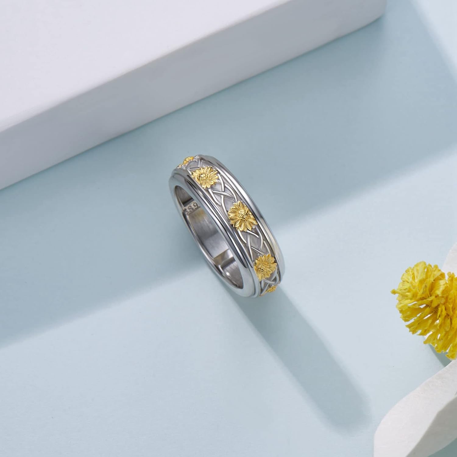 Anillo giratorio de plata de ley 925 con girasol, anillos giratorios para aliviar el estrés, joyería de regalo para mujeres y niñas