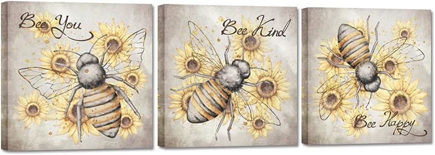 iHAPPYWALL 3 piezas de lienzo de abeja de miel, arte para pared, diseño de girasol, abeja, feliz, con citas motivacionales, arte para cocina,