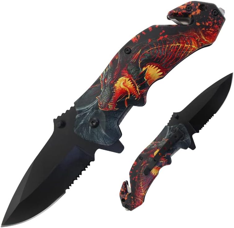 Cuchillo de bolsillo asistido por resorte con impresión UV de 8.5 pulgadas, cuchillos plegables de supervivencia táctica (dragón)