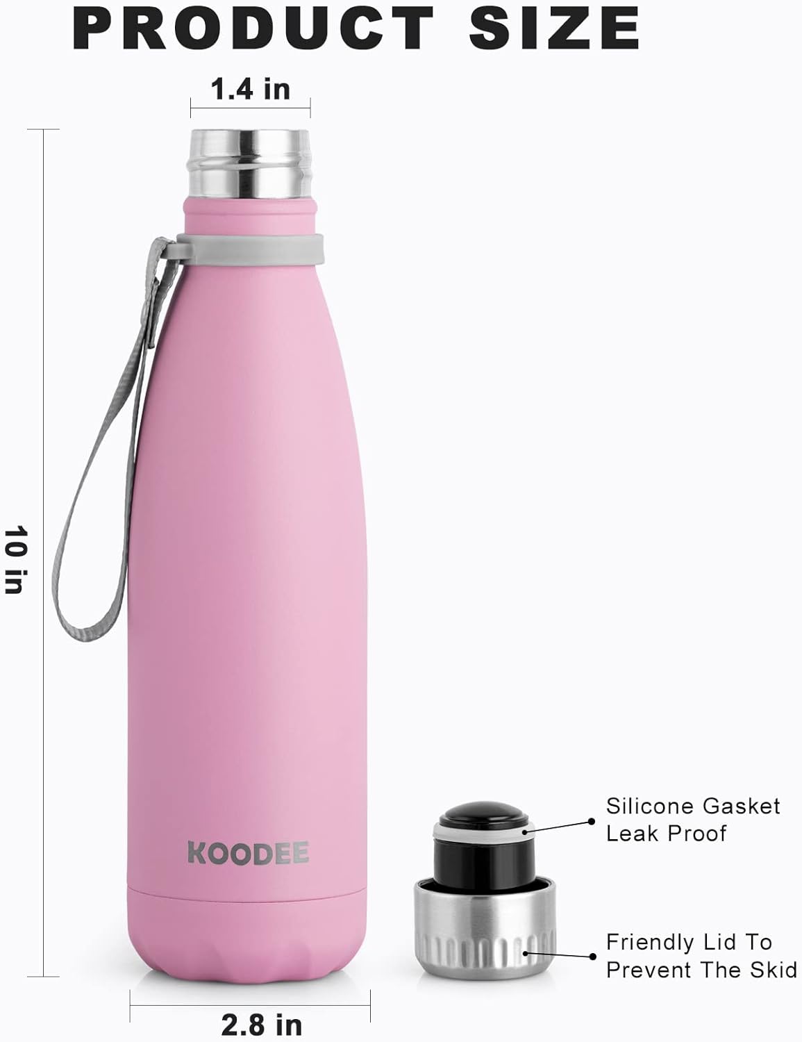 koodee Botella deportiva de agua aislada al vacío de doble pared de acero inoxidable, 17 oz, sin bisfenol A, forma de botella de refresco, a prueba