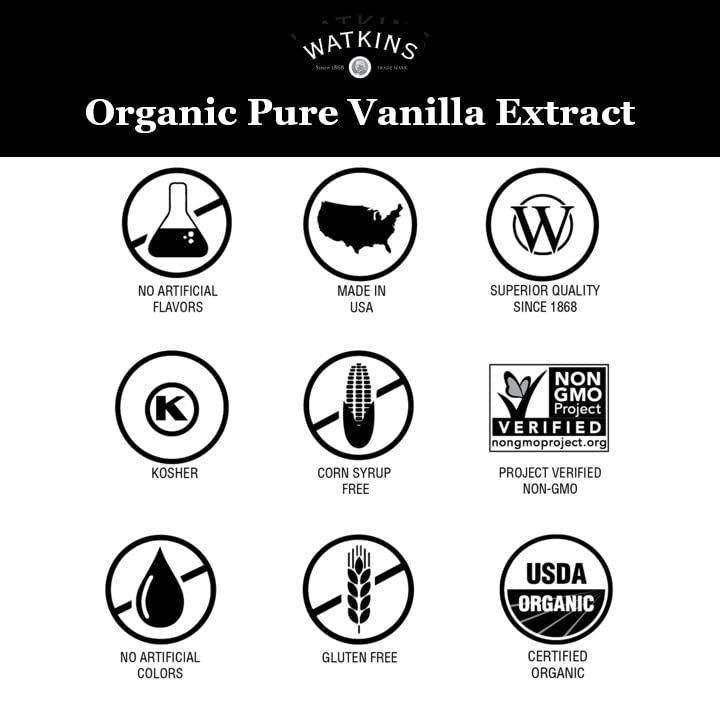 Watkins Extracto de vainilla puro orgánico, con granos de vainilla de Madagascar, sin OMG, Kosher, botella de 4 onzas, 1 paquete