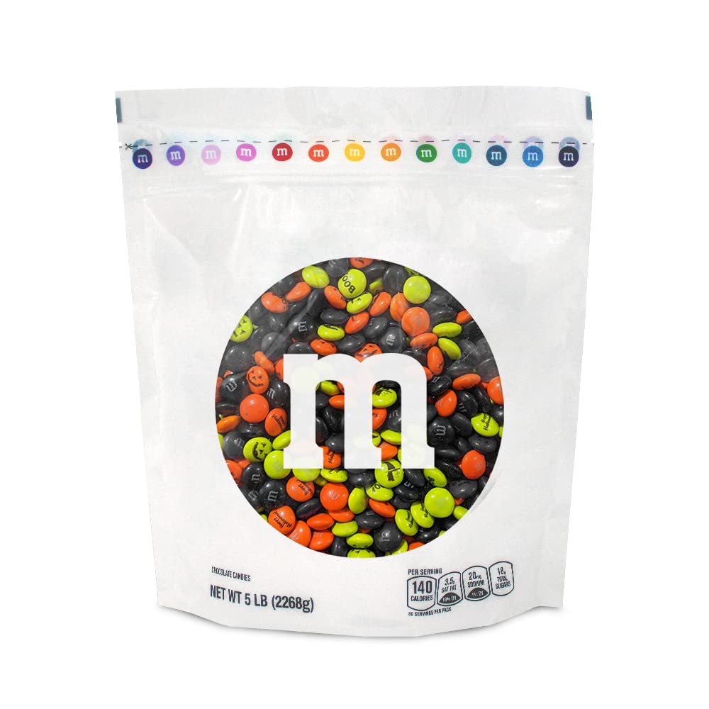 M&M’S Caramelos de Halloween preimpresos, 5 libras de caramelos a granel en paquete resellable para fiesta de Halloween, dulce o truco, decoraciones