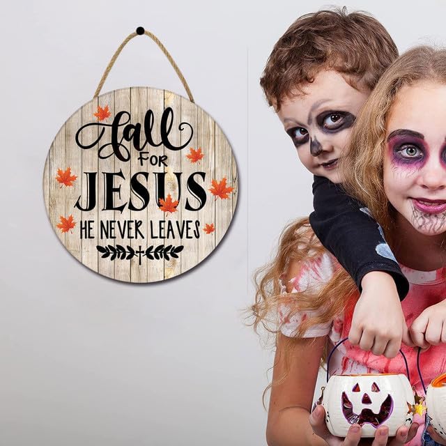 SRongmao Letreros religiosos de madera con texto en inglés “Fall For Jesus He Never Leaves para puerta delantera, porche, casa de campo, coronas de