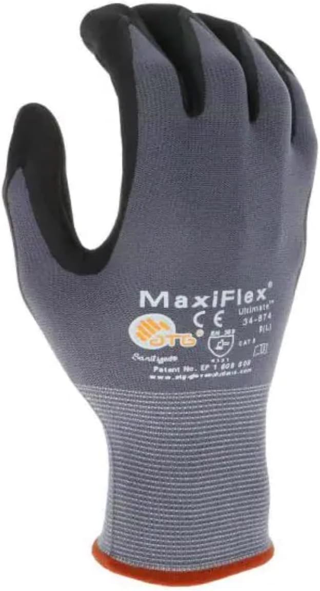 MaxiFlex 34-874 – Guantes de nailon y licra de punto sin costuras con agarre de microespuma recubierta de nitrilo en la palma y los dedos (12, S)