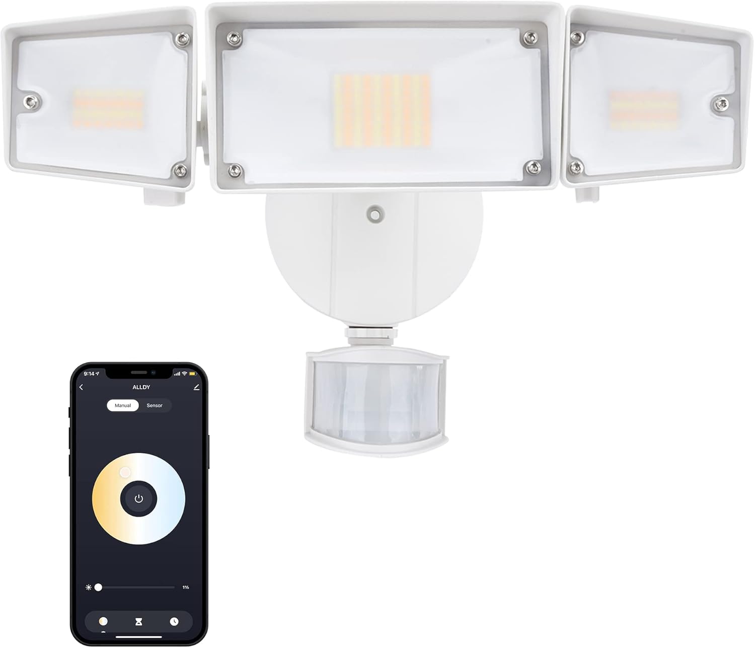 UME Luz de seguridad LED inteligente de 64 W para exteriores, sintonizable, blanco, 2700-6500 K, 5000 lm, sensor de movimiento de 3 cabezales, luz
