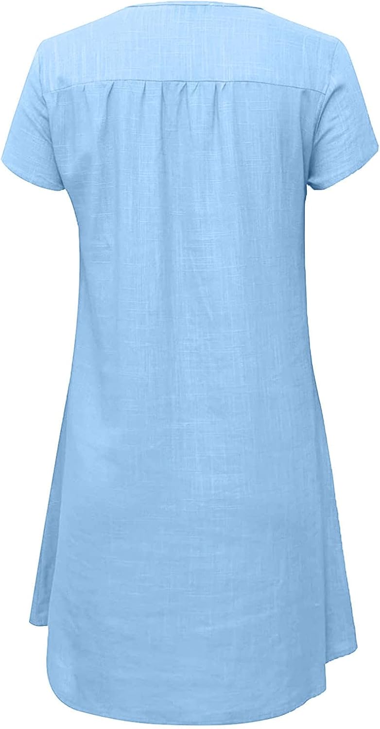 ZunFeo Vestidos de lino para mujer 2023 verano casual cuello en V vestido camiseta manga corta pequeño mini playa bohemio vestido de crucero