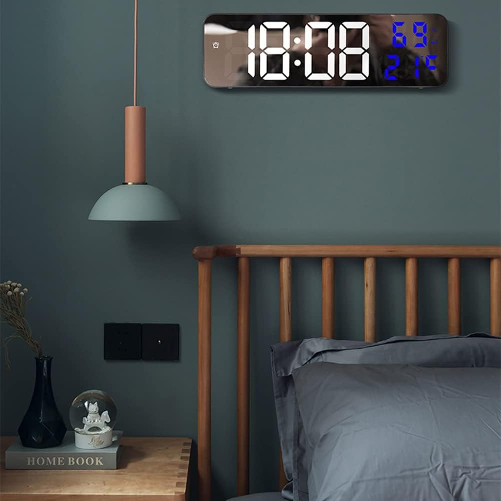 Reloj de pared digital para dormitorio, reloj digital LED para pared con 1224 horas, atenuación automática, temperatura y humedad, reloj digital de
