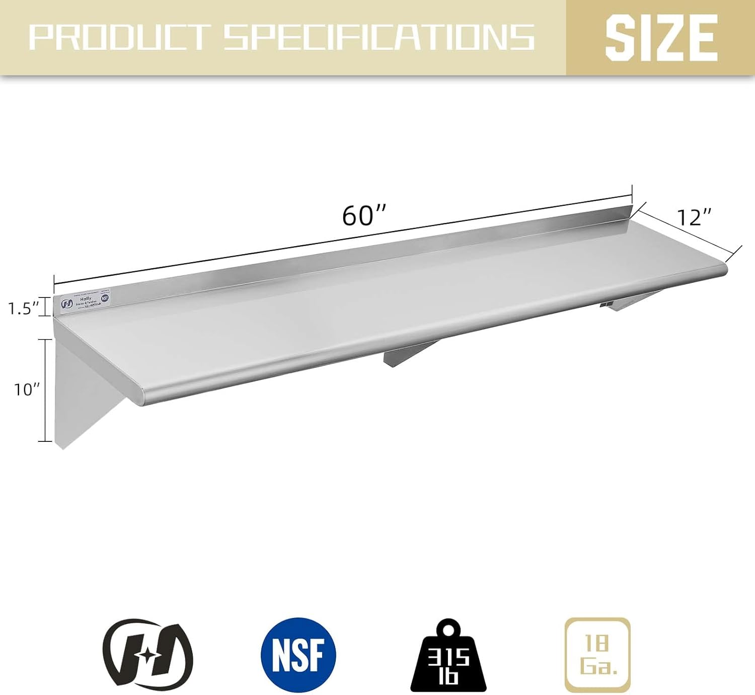 Estantería de acero inoxidable, montaje en pared NSF comercial para restaurante, cocina, hogar y hotel