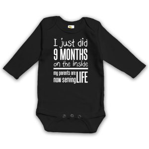 I Just Did 9 Months On the Inside – My Parents Are Now Serving Life Funny Baby Long Sleeve Bodysuit (3 to 6 months, black) I Just Did 9 Months On the Inside – My Parents Are Now Serving Life Funny Baby Long Sleeve Bodysuit (3 to 6 months, black)