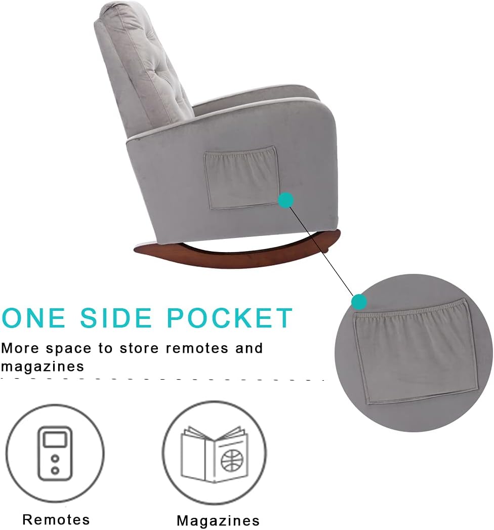 Silla mecedora decorativa, capitoné tapizada de terciopelo de lujo, sillón mecedor deslizante con bolsillo lateral para guardería, sala de estar,