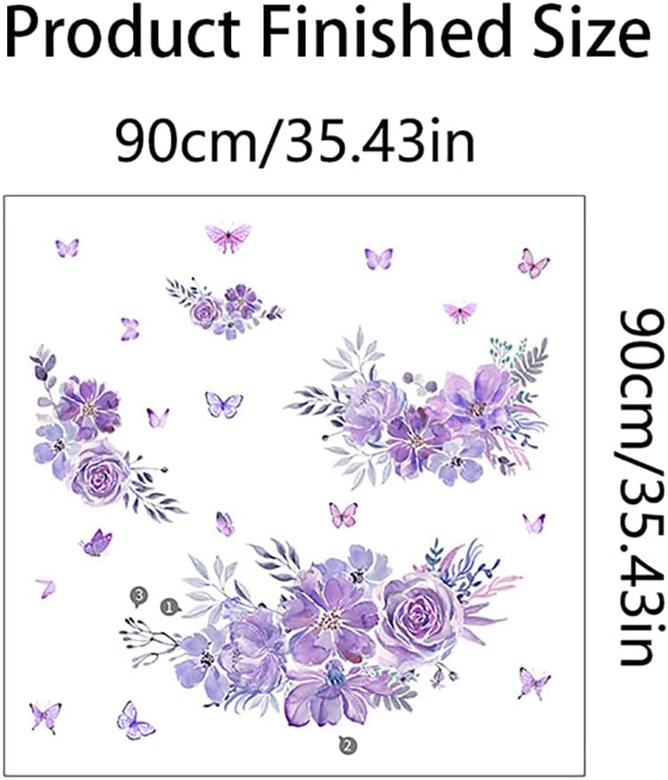 Pegatinas de pared de mariposa de flores moradas, calcomanías de pared florales para dormitorio, sala de estar, cocina, TV, decoración de pared