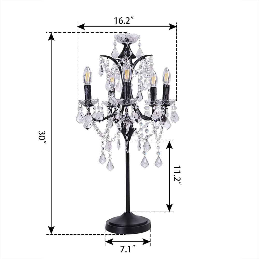 TOCHIC Lámpara de mesa de cristal tradicional de 5 luces, candelabro negro para manualidades, 30 pulgadas de alto para sala de estar, sala de