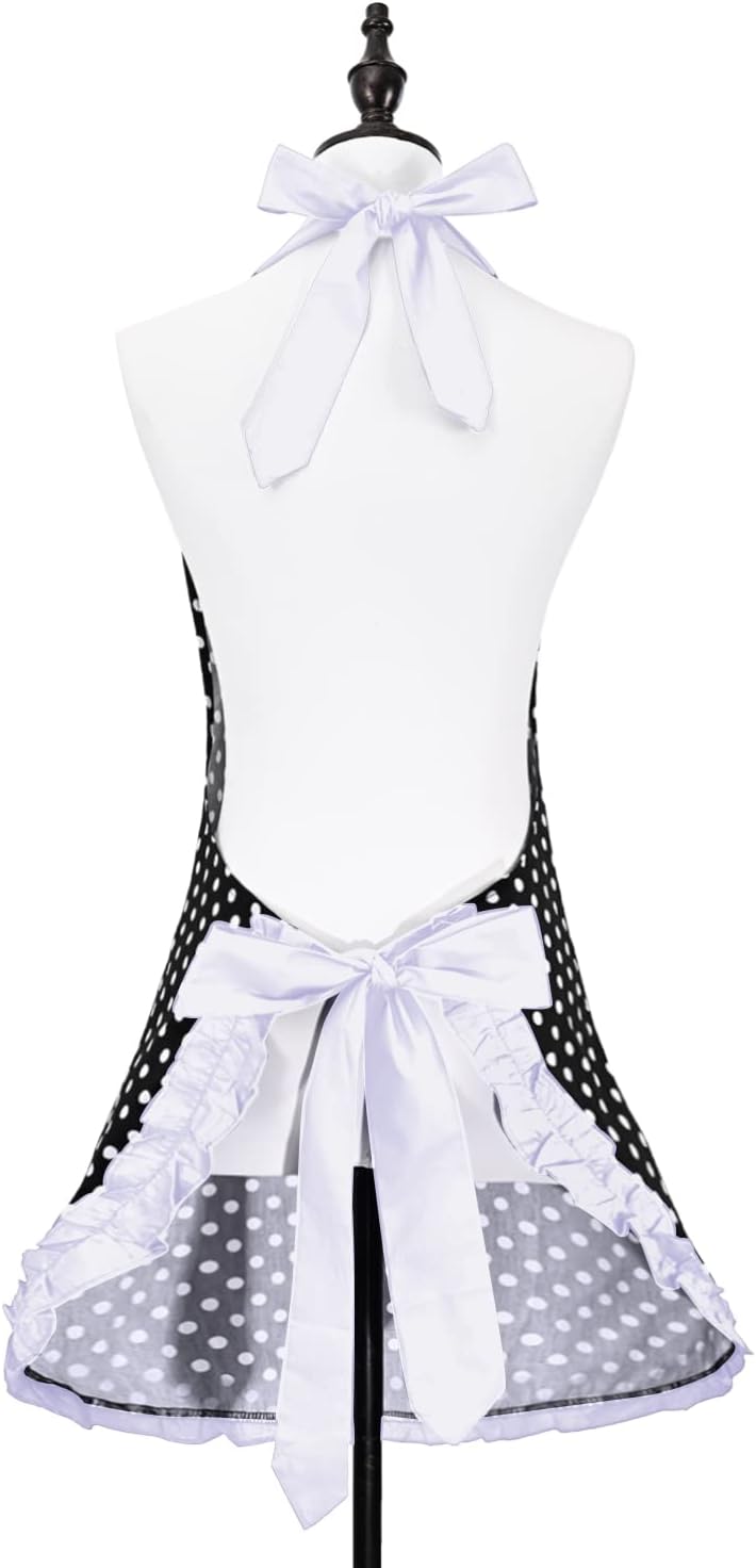 Delantales retro lindos para mujer con bolsillo, delantales vintage de lunares blancos para niñas, delantal con volantes para mujer, delantal de