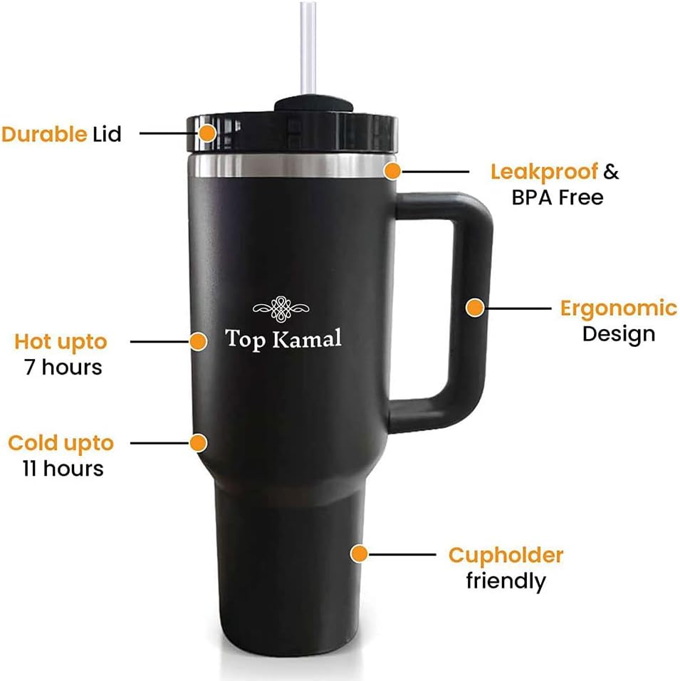 Quencher – Vaso de acero inoxidable de 40 onzas con aislamiento al vacío con tapa y popote para agua, helado, té, café y viaje, mantiene el frío