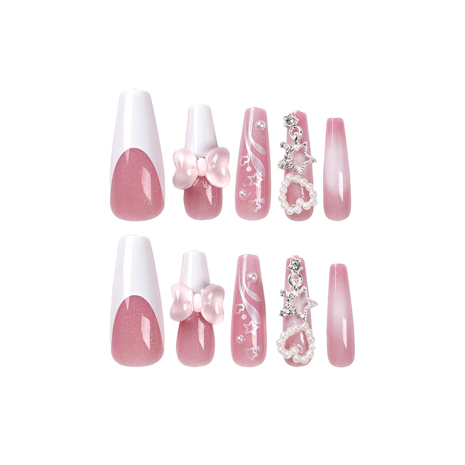 24 uñas postizas cuadradas a presión, uñas largas con purpurina rosa con lazo de encanto, bonitos diseños de osos y diamantes de imitación, uñas