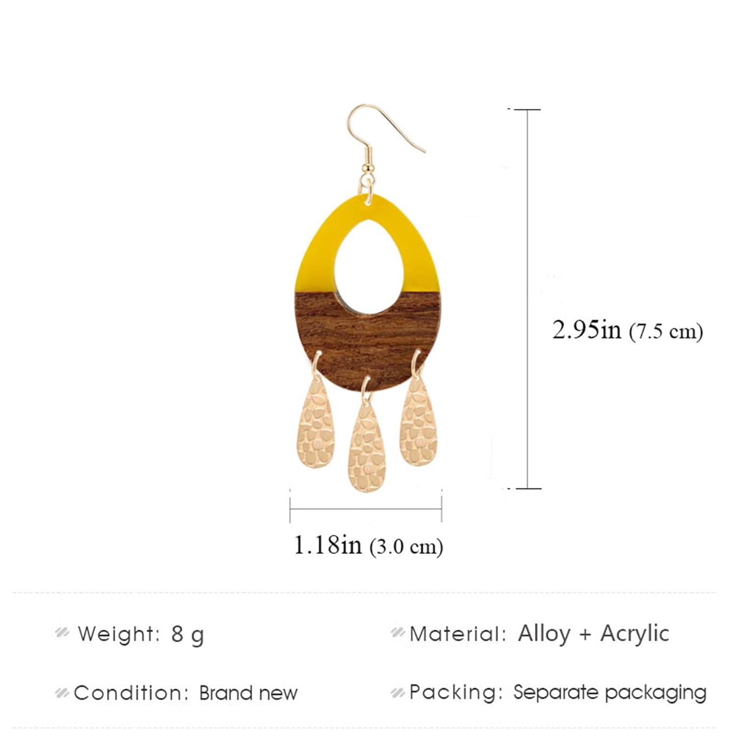 Wooden Earrings for Women Girls Handmade Bohemian Retro Lightweight Wood Acrylic Resin Geometric Hollow Teardrop Metal Tassel Dangle Drop Statement