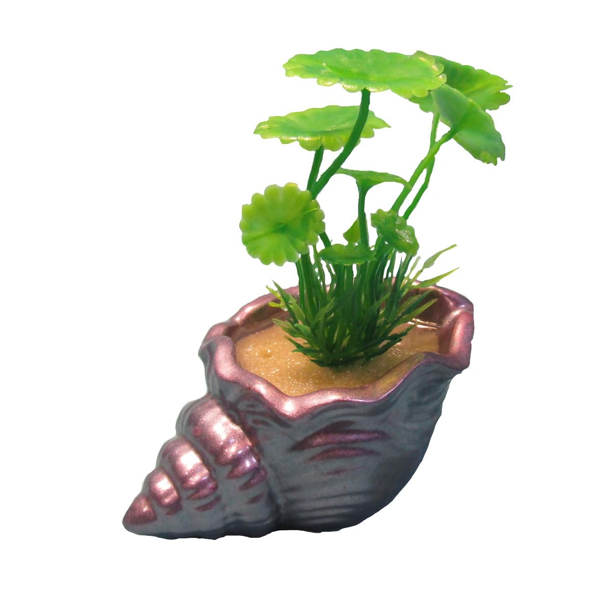 Aquarium Decoration – Mauve and silver shell with green artificial plant. Unique, heavy,and durable solid fish tank ornament. Made in the USA.