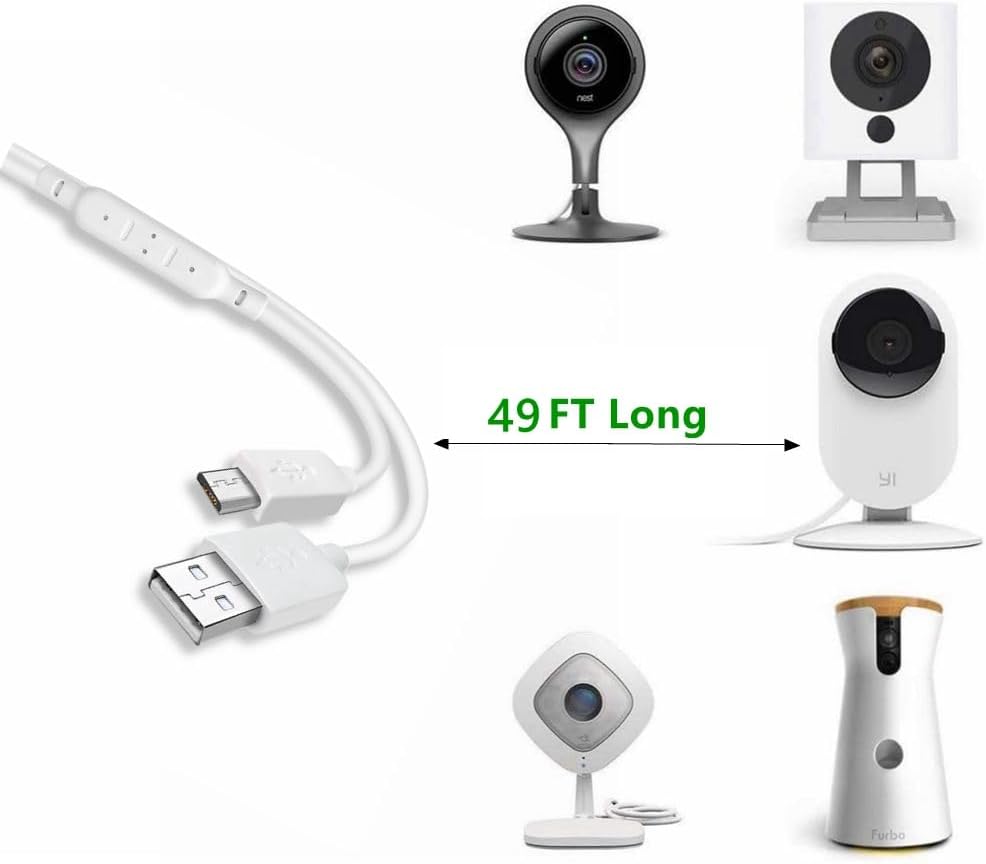 Cable de extensión de alimentación de 49 pies (49.2 ft), compatible con Wyze CamWyze Cam Pan, cámara Yi, NestCam interior, cámara Blink XT, cámara