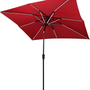 Sombrilla de playa LED roja de 9 pies con 16 barras LED de energía solar, operación de fácil inclinación, marco de aluminio, tela impermeable, Sombrilla de playa LED roja de 9 pies con 16 barras LED de energía solar, operación de fácil inclinación, marco de aluminio, tela impermeable,