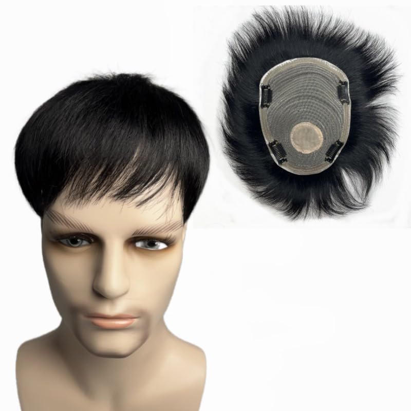 Anemone Jewelry Peluca de cabello humano para hombre, con clip de repuesto de poliuretano alrededor del cabello, extensiones de cabello masculinas