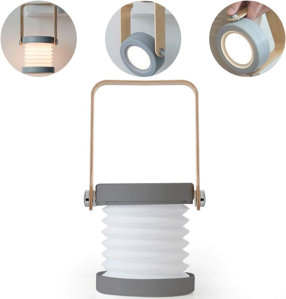 Lámpara de mesa plegable 4 en 1, luz LED retráctil USB, mango de madera, linterna portátil y linterna, control táctil, intensidad regulable, 3
