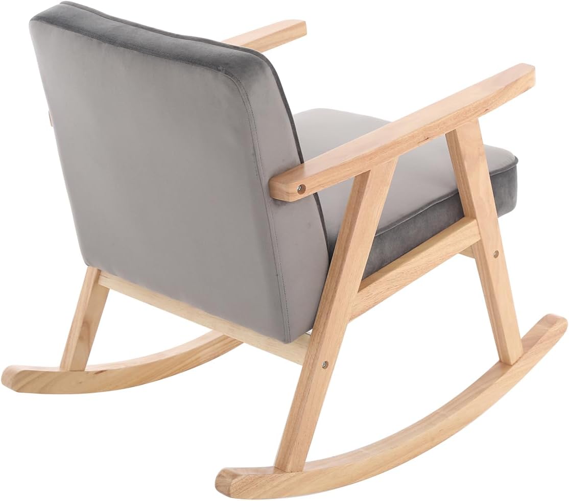 JEEOHEY Mecedora de terciopelo moderno de mediados de siglo, cómoda silla tapizada con brazo deslizante con madera maciza para sala de estar,