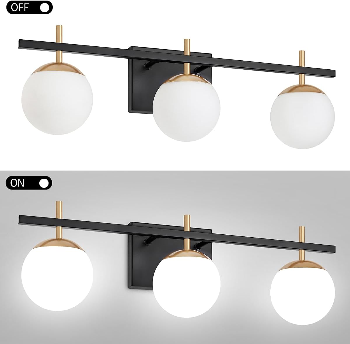 Lámpara de baño de oro negro, 3 luces de mediados de siglo moderna sobre espejo, lámpara de tocador de baño con vidrio lechoso, lámpara de pared