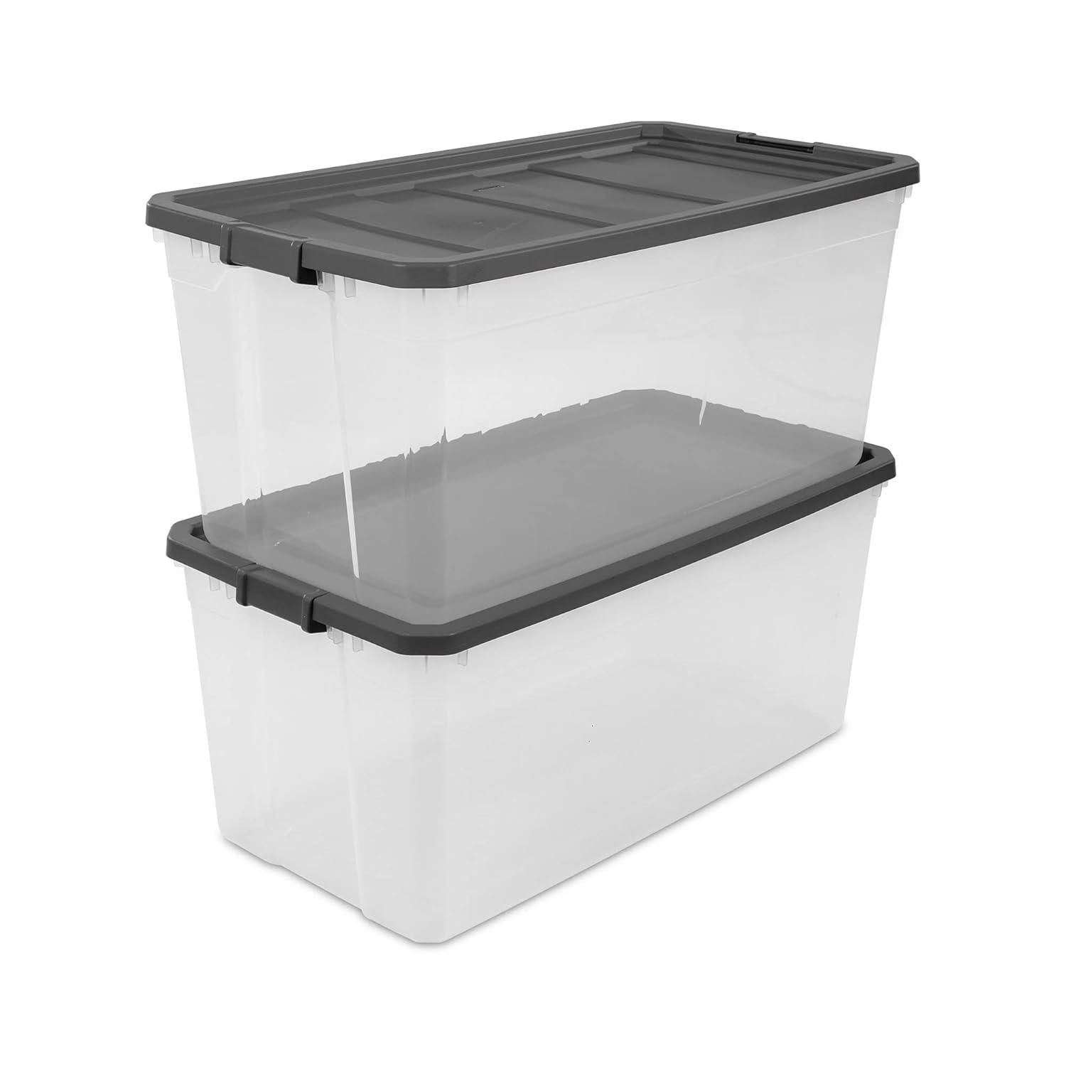 Sterilite Contenedor modular de plástico transparente de 200 cuartos de galón con tapa de pestillo, base transparente y superficie texturizada de