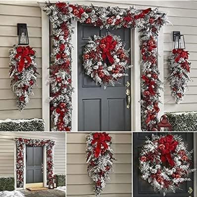 Corona navideña roja y blanca para puerta delantera, guirnalda de Navidad inalámbrica para colgar en la pared, decoración de interiores y exteriores