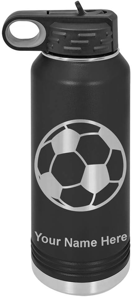 LaserGram Botella de agua con tapa abatible de doble pared de 40 onzas con pajilla, pelota de fútbol, grabado personalizado incluido (negro)