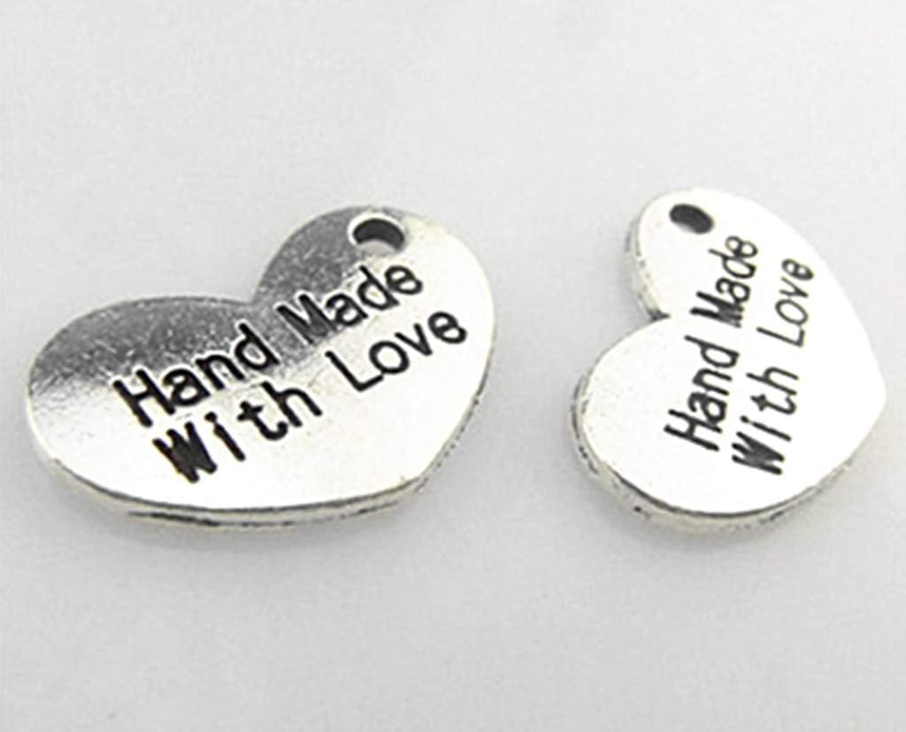 Colgante hecho a mano con dije de amor, en forma de corazón, con mensaje de palabra, para hacer joyas (50 unidades, tono plateado antiguo), Zinc
